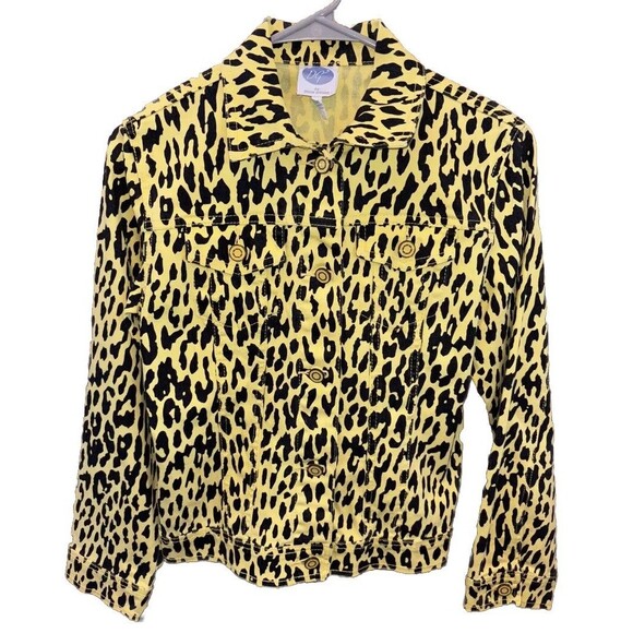 DG2 by Diane Gilman Bright Yellow Leopard Print Stretch Jacket Women XS Pockets - Picture 1 of 9